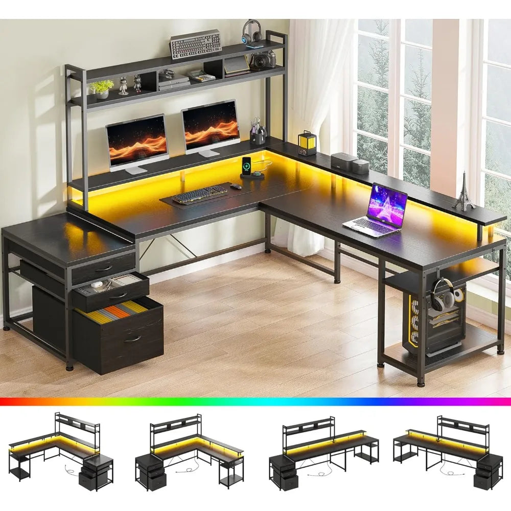 64 x 60 inches l shaped desk with hutch and drawers reversible corner computer desk with monitor shelf two person desk