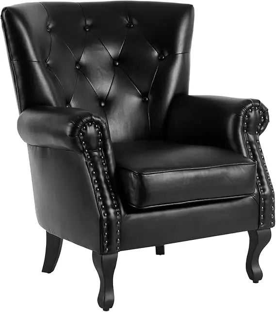 PU Leather Accent Chair Mid-Century Modern Armchair Living Room Club Chair with Tufted Button & Rivet Trim Upholstered