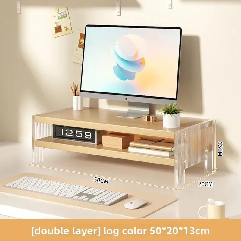 Acrylic Desktop Cuter Elevation Stand Home Office Desk Storage Organizer Platform Cuter Monitor Prop Up - wood double