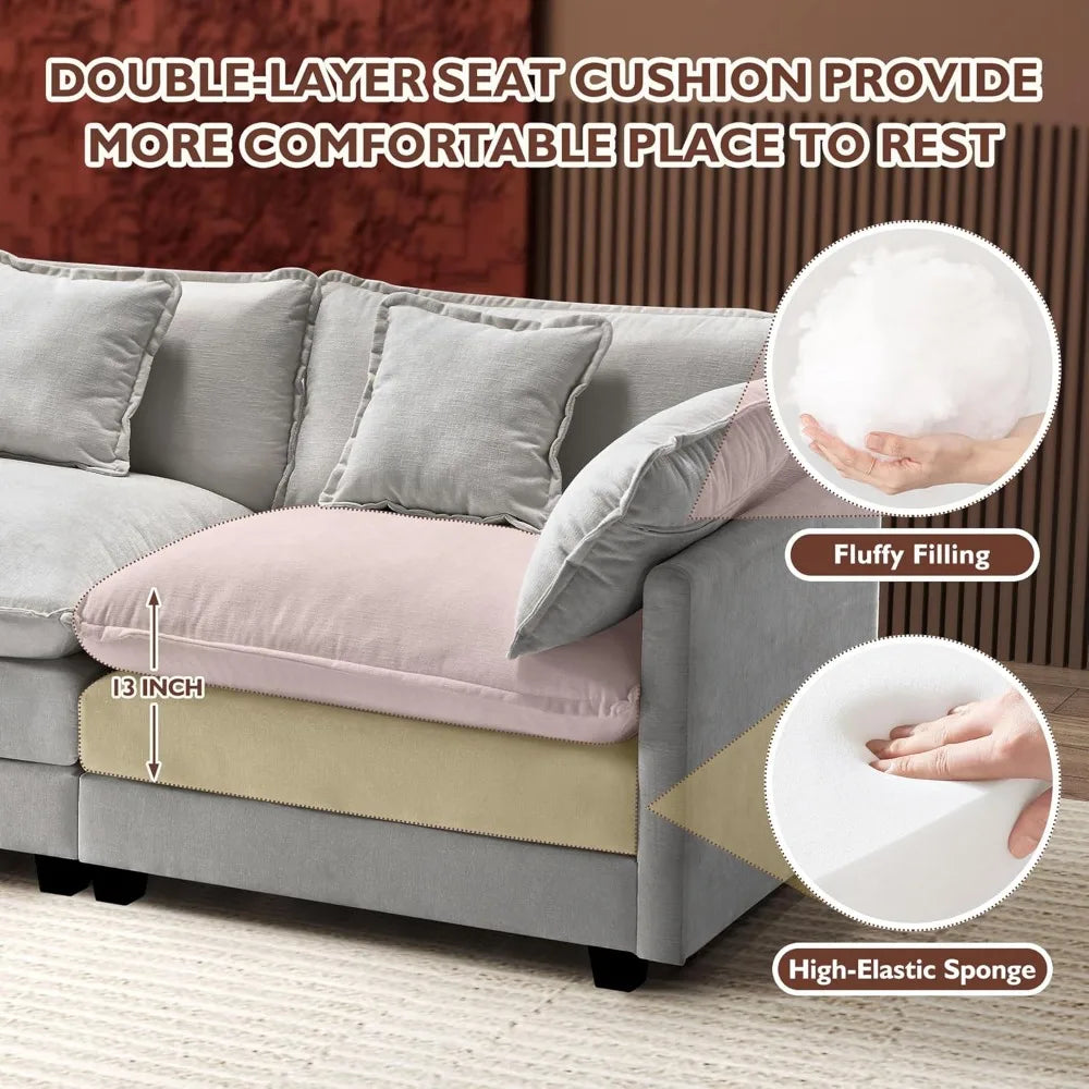 U-Shaped Modern Sofa Modular Sectional Cloud Couch with 2 Ottoman 6-Seat Chenille Deep Seat Sofa with 6 Pillows