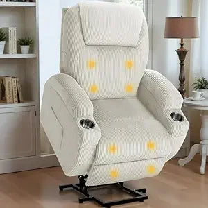 Massage Electric Power Lift Recliner Chair for Seniors with Corduroy Fabric Cup Holders and Side Pockets - White