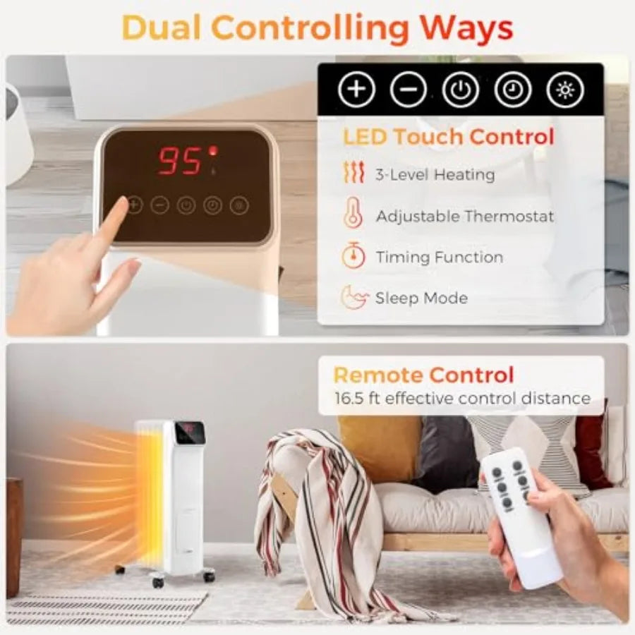 1500W Oil Filled Radiator Heater for Indoor Home Office Use: Portable Electric Radiant Space Heater with Remote Control