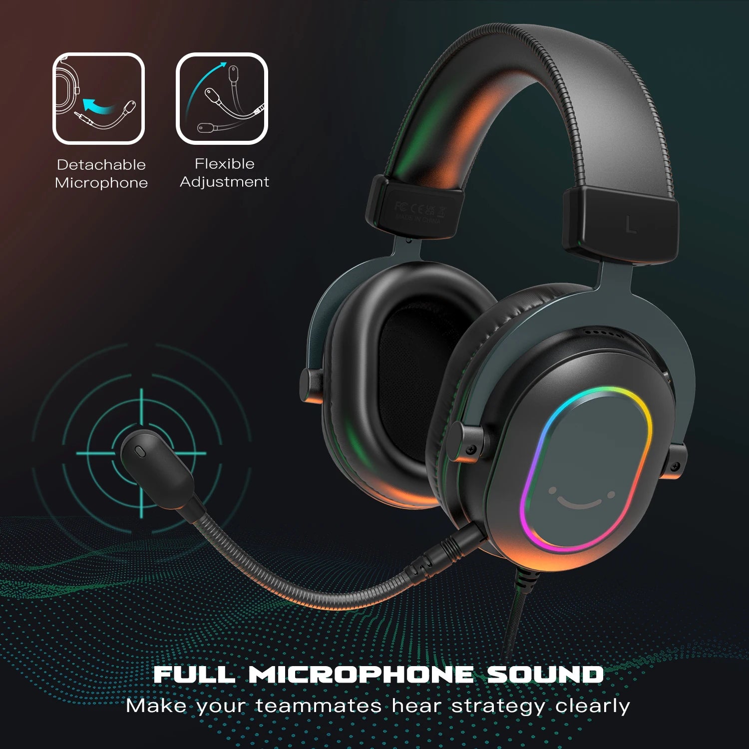Fifine Dynamic RGB Gaming Headset with Mic Over-Ear Headphones 7.1 Surround Sound PC PS4 PS5 3 EQ Options Game Movie