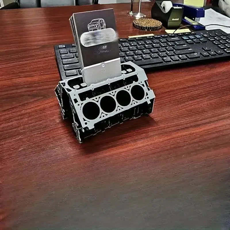 Unique Engine Block Office Desk Organizer - Business Card And Pen Holder Perfect Gift For Car Enthusiasts And Mechanics