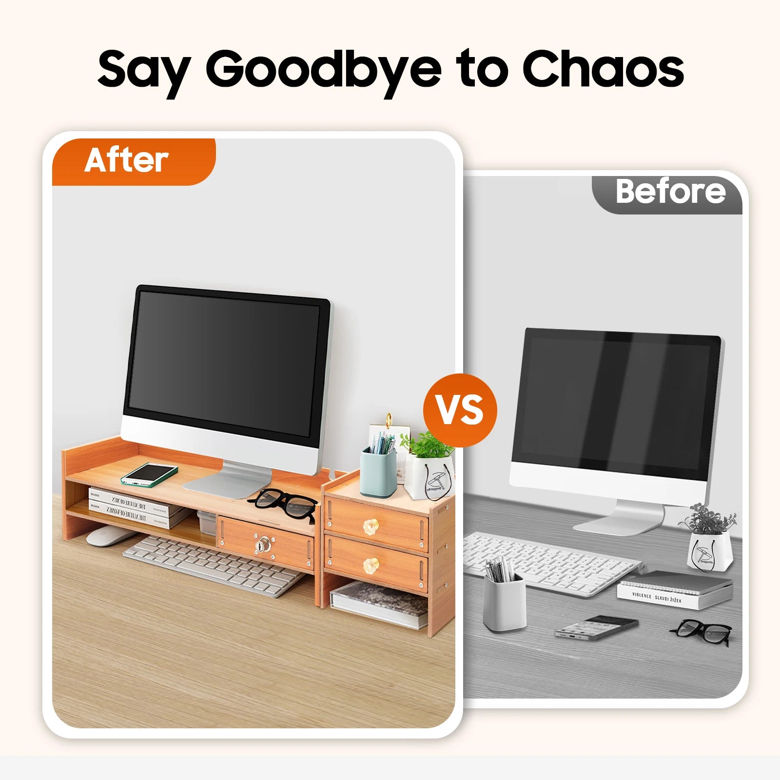 Wood MDF Computer Monitor Stand with Phone Holder 3 Drawers Raised Base Computer RackHeightened Guardrail Monitor Stand