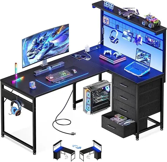 L Shaped Gaming Desk with Shelf & 4 Drawers 43 Reversible Computer Desk with LED Light Home Office Table with Hutch