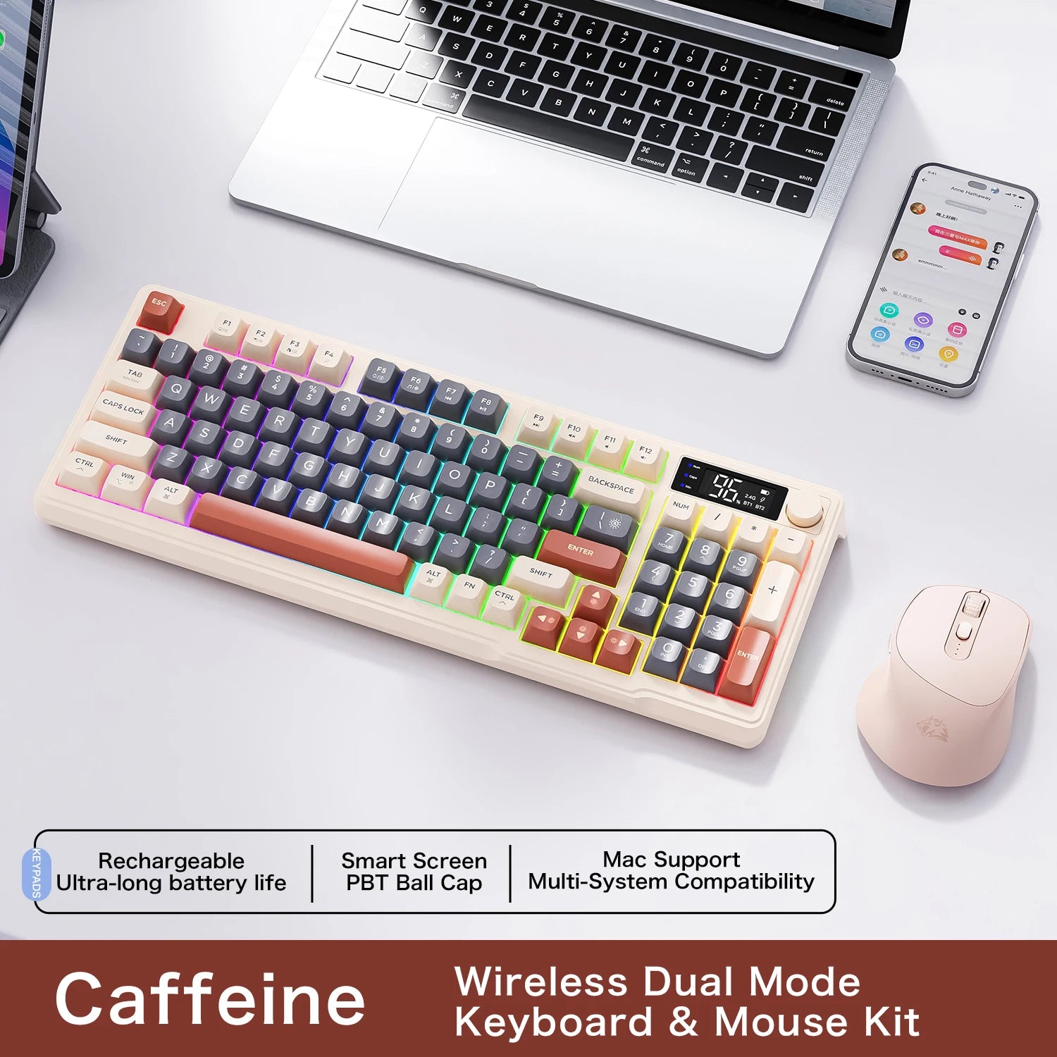 FreeWolf M96 Wireless Keyboard with Screen,Gaming Keyboard Bluetooth Dual-Mode Connection,Multi-Device