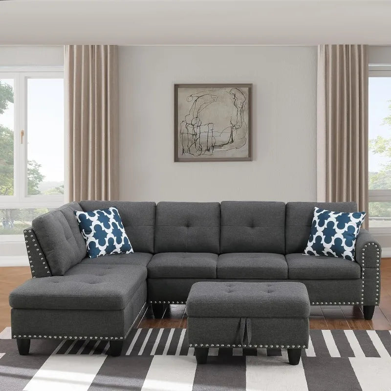 4 Seat Linen Upholstered Sectional Sofa Set 3 PCS W/Cup Holders & Coffee Table,for Home,Office,Dark Gray - Gray