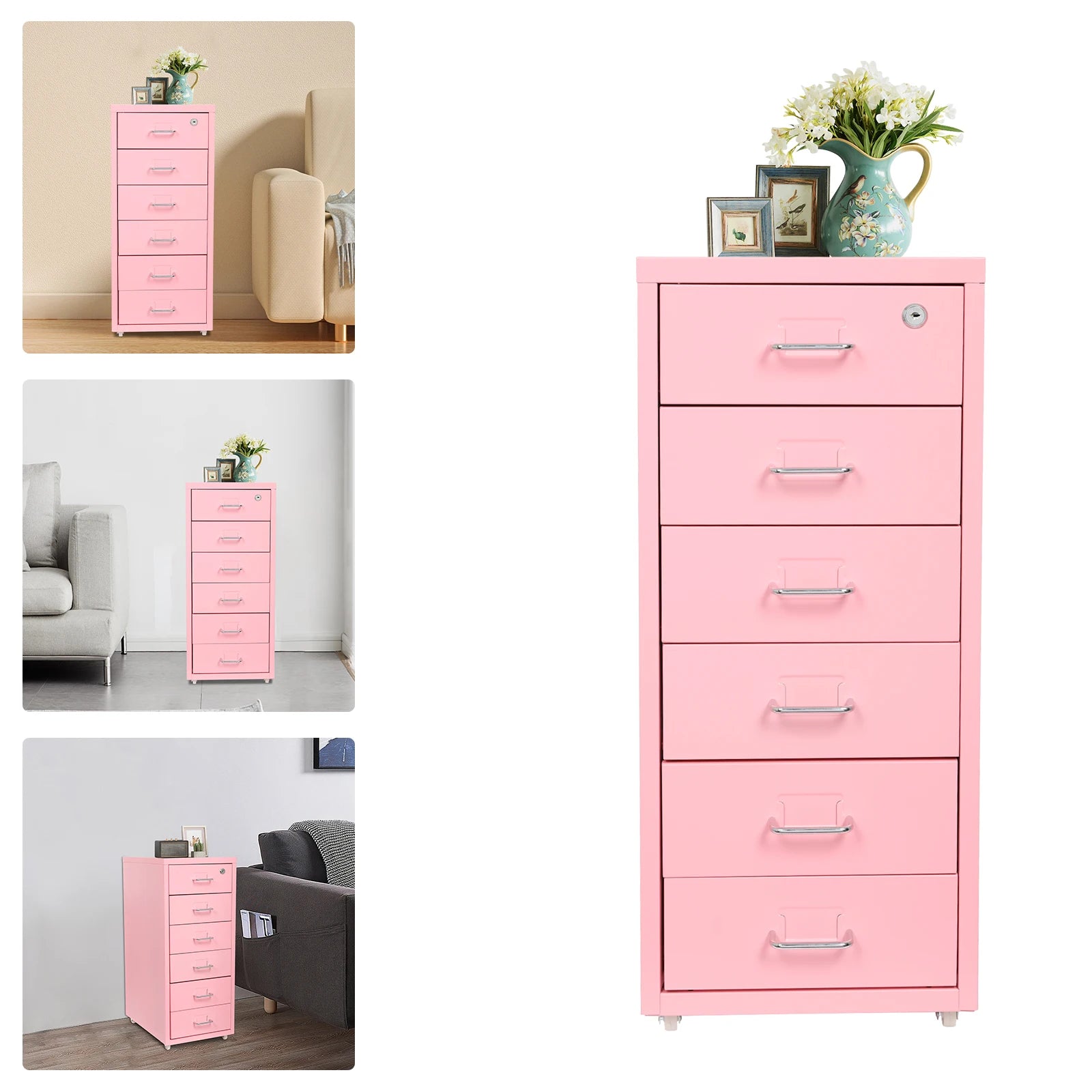 6 Tiers Cold-rolled Steel Filing Cabinet,Pink Metal File Cabinet with Lock 28*41*69cm Wipe with Soft Cloth