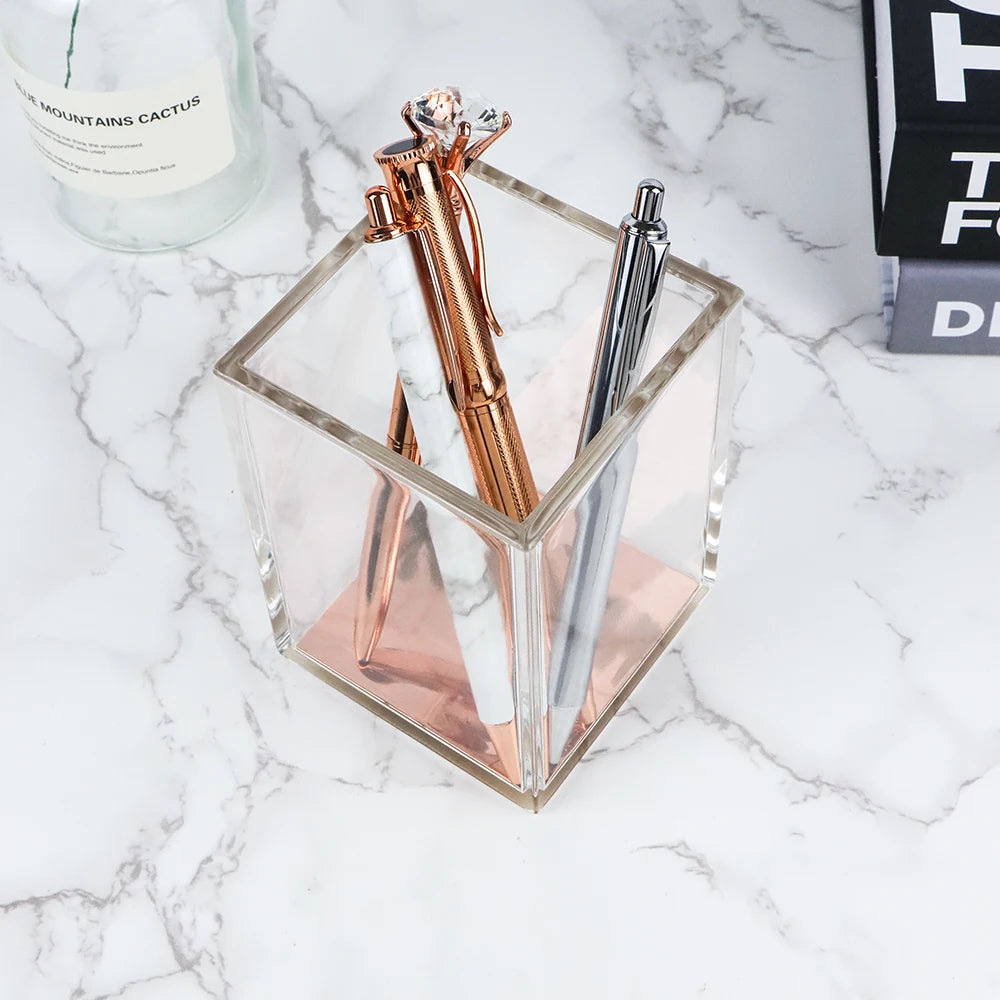 Pen Holder Clear Acrylic Makeup Brush Holder Pencil Holder Desk Organizer Cup Rose Gold Pencil Pot Office Organizer