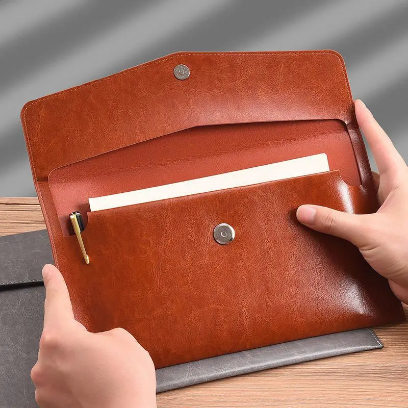 A5 Leather Document Storage Bag Folder Data Packet Man Woman PU Brown Business Bill File Bag School Office Supplies