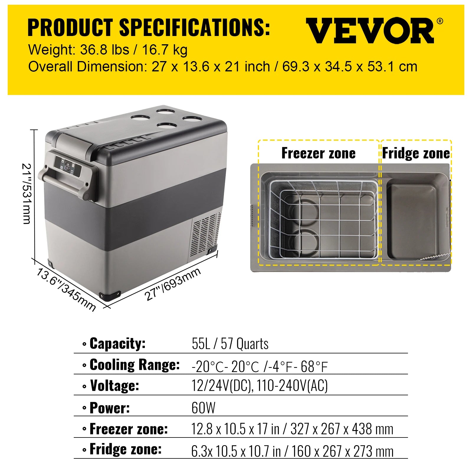 VEVOR 20L 22L 35L 45L 55L Car Refrigerator Mini Fridge Freezer Portable Compressor Cooler 12/24V DC 110-240V Ice Box