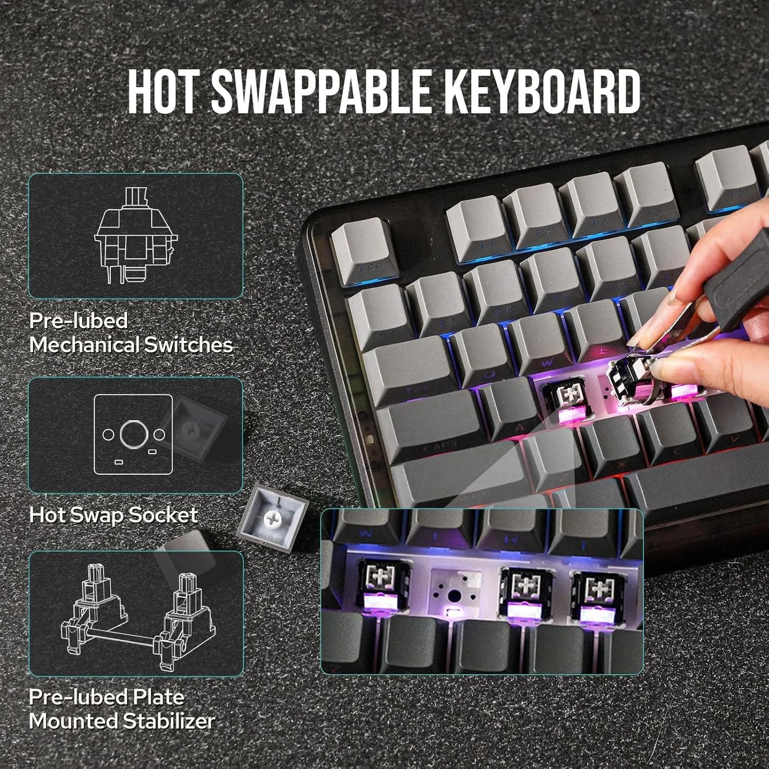 AULA F87pro Tri-mode Connection Gaming Keyboard 87 Keys Side-engraved PBT Keycaps Wireless Mechanical Keyboard - Desktop