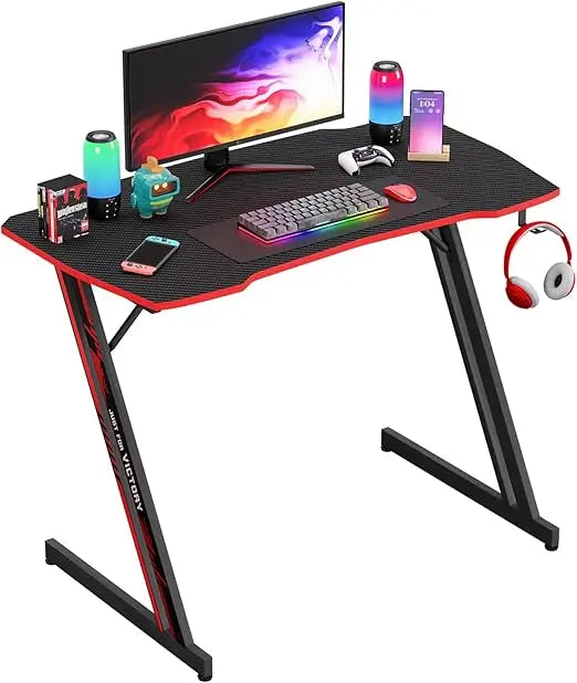 39 Inch Z-Shaped Gaming Desk Computer Desk for Home Office with Headphone Hook Sturdy Workstation Table with Spacious
