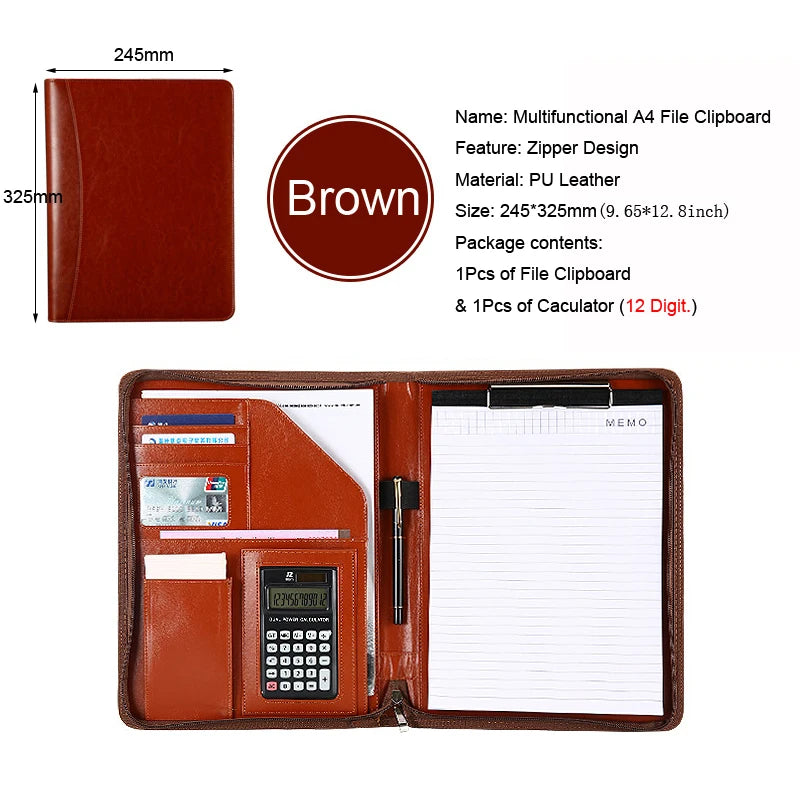 University A4 Leather Executive Portfolio Folder for Document Holder Organizer Business Briefcase Man Zipper Calculator