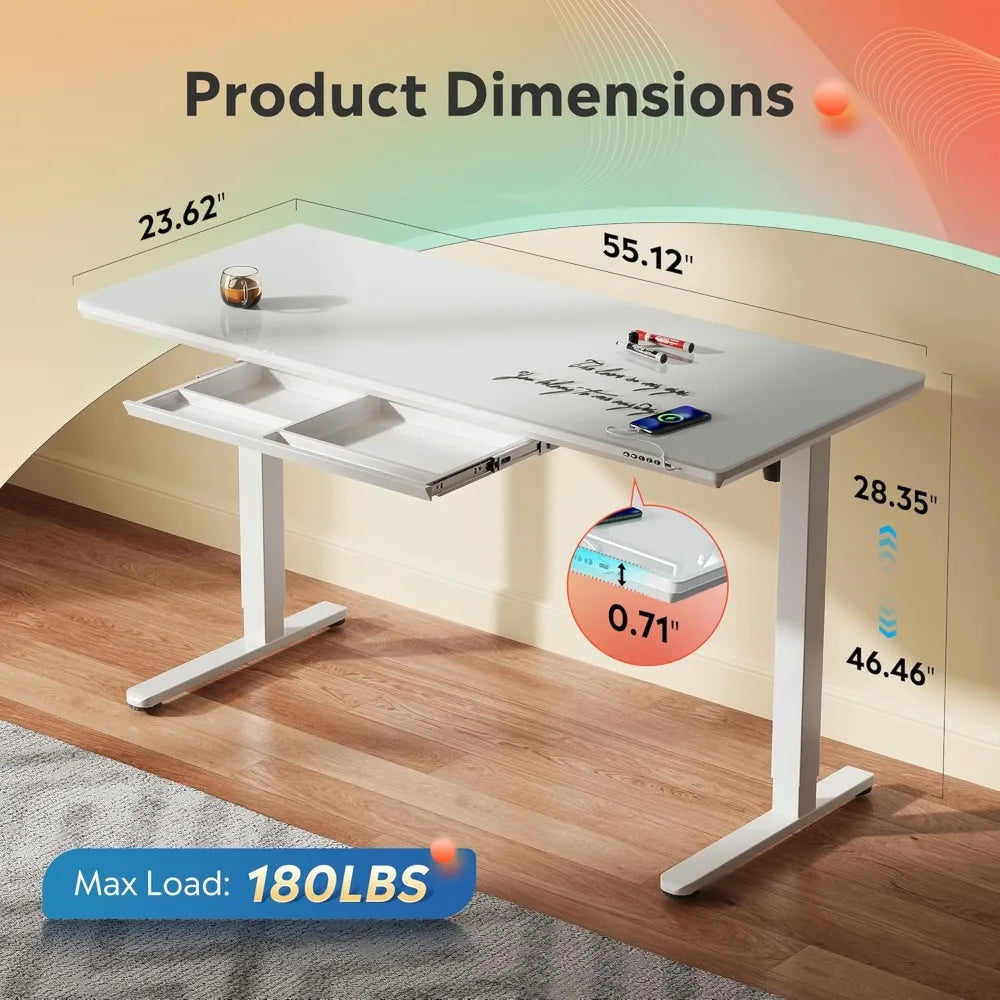 Standing Desk with Drawers Whole-Piece Glass Adjustable Height Desk 55 Inch Electric Stand Up Desk Quick Install