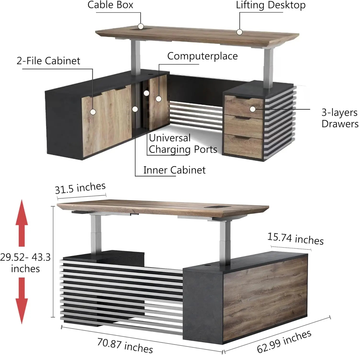 Adjustable Heigh L Shaped Executive Standing Desk w/Drawers Office Desk w/Universal Charging Ports Large Business