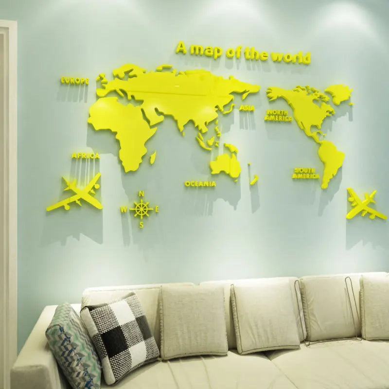 Nordic World Map Acrylic 3D Wall Decal Office Study Living Room Sofa Background Wall Decoration - yellow / M 120cmX60cm