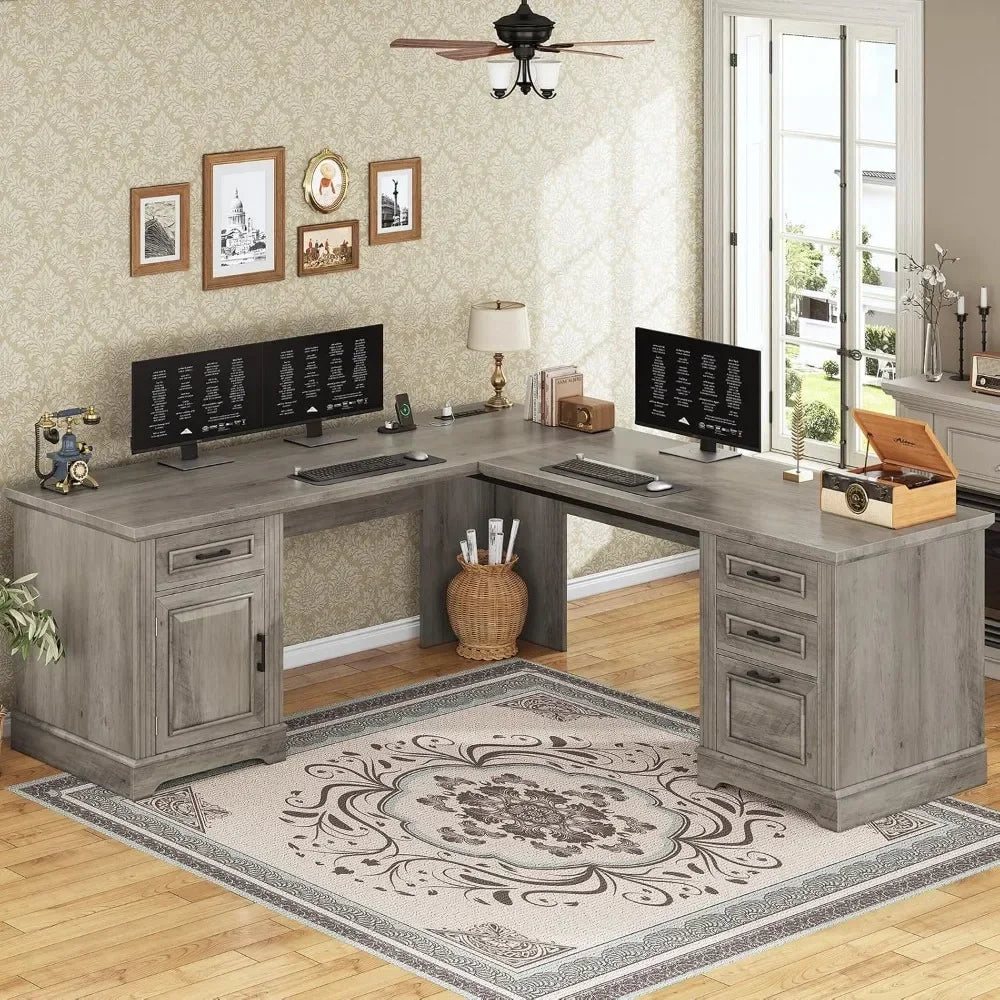69’’ L Shaped Desk with Drawers and Storage Farmhouse Computer Desk with File Drawers and Power Outlet
