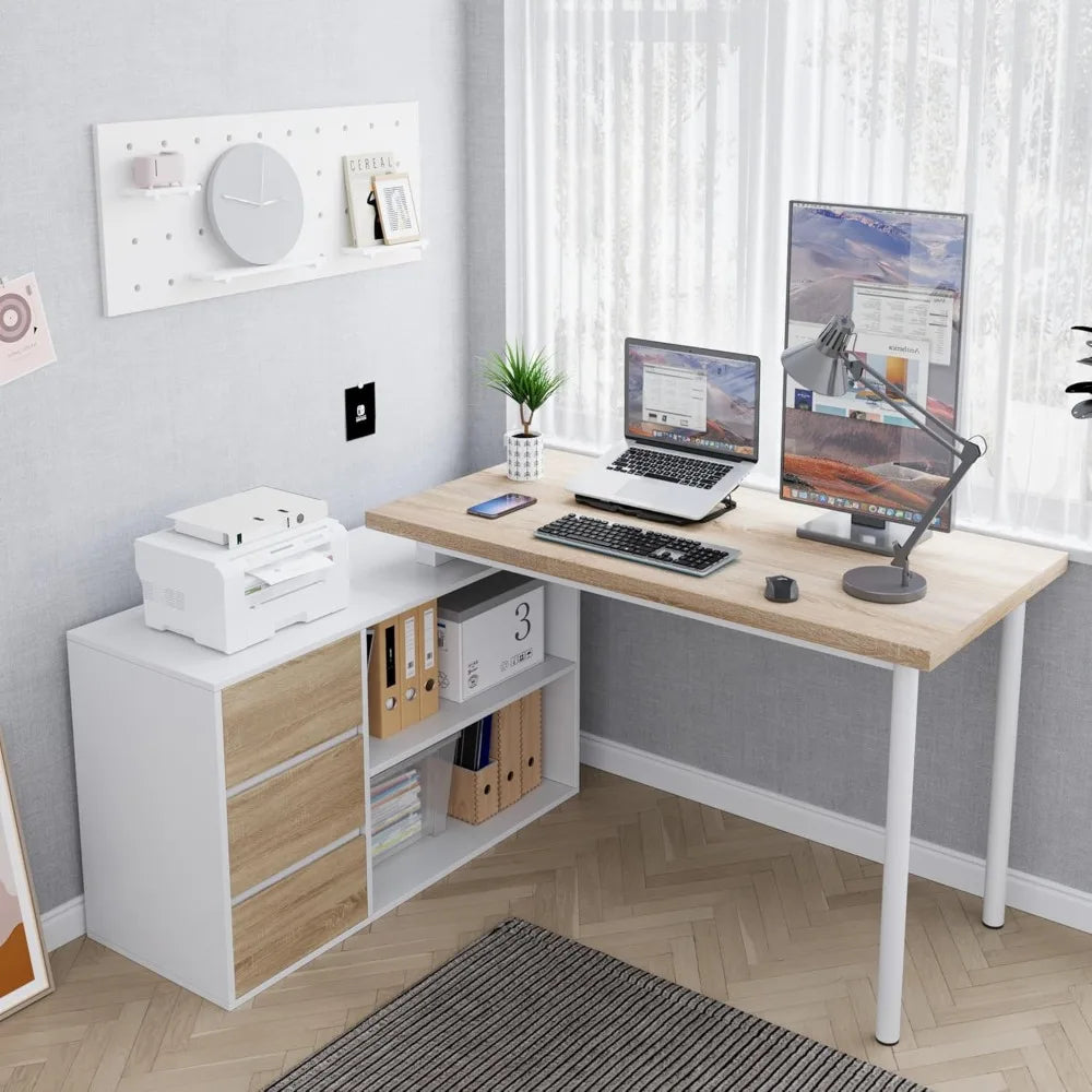 Home Office Computer Desk Corner Desk with 3 Drawers and 2 Shelves 53-inch L-Shaped Study Desk with Storage