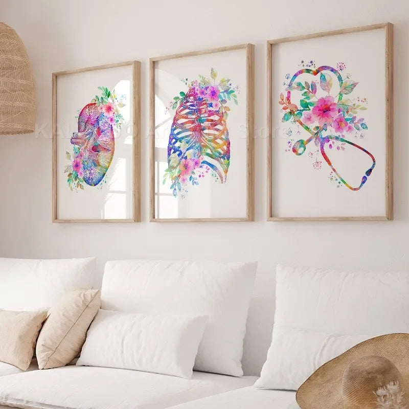 Heart Brain Lungs Kidney Rib Cage Liver Medical Floral Anatomy Poster Wall Art Canvas Print Painting Doctor Office