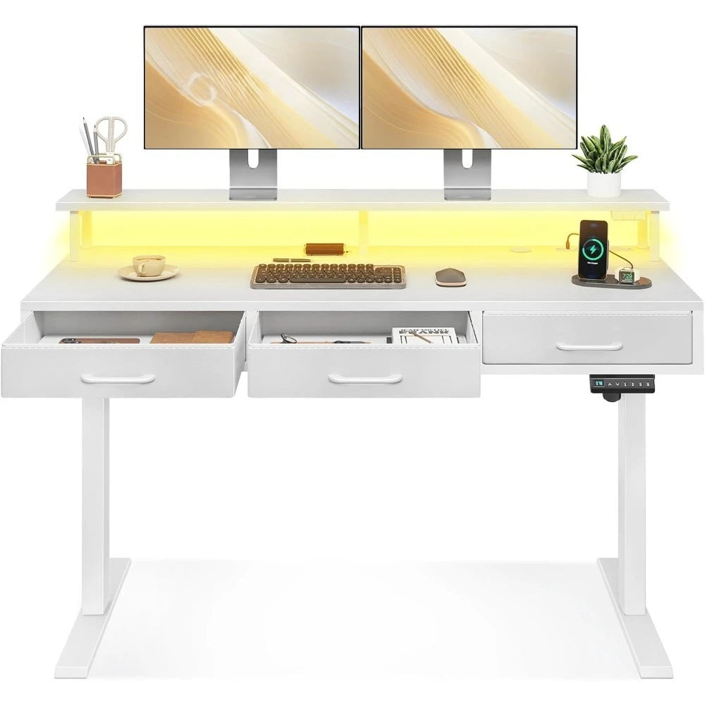 Electric Standing Desk with Drawers Height Adjustable Desk with Power Outlets & LED Lights Sit Stand Table with Monitor