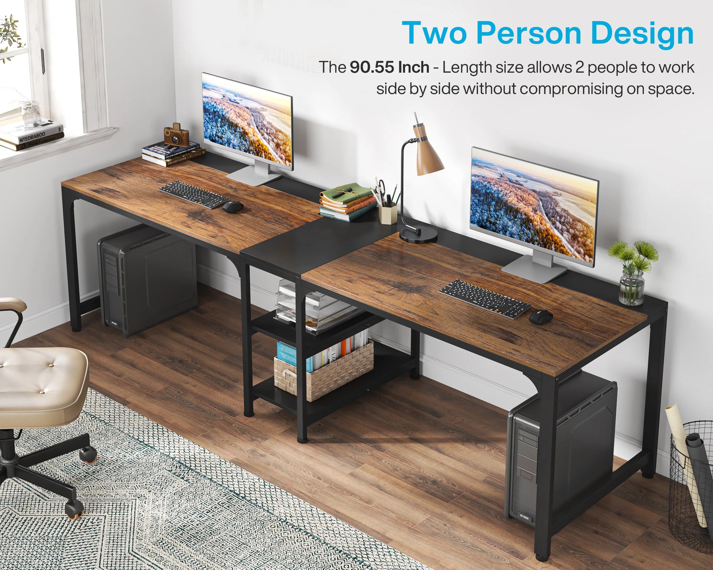 Tribesigns 90.55’’ 2 Person Desk with Storage Shelves Double Computer Desk with Spacious Desktop Extra Long Study