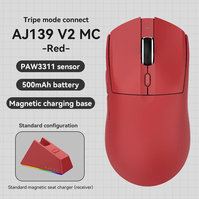 AJAZZ AJ139 V2 MC Wireless Mouse Three-Mode Gaming Office Professional Right-Hand Gaming Magnetic Stand Charger PAW3395