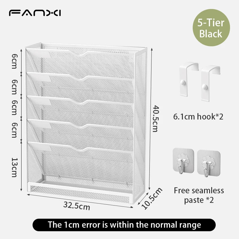 Mesh wall file storage rack 5-layer vertical mounting rack Magazine rack with bottom flat tray side closed black