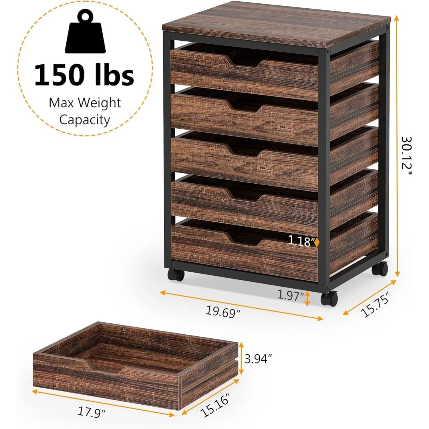 5 Drawer Chest Wood Storage Dresser Cabinet with Wheels Industrial Storage Drawer Organizer Cart for Office Bedroom