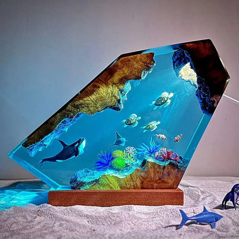 Simulated Shark Epoxy Resin Seabed Organism Diver Figure Miniature Figurines Night Glow Tabletop Home Desk Light
