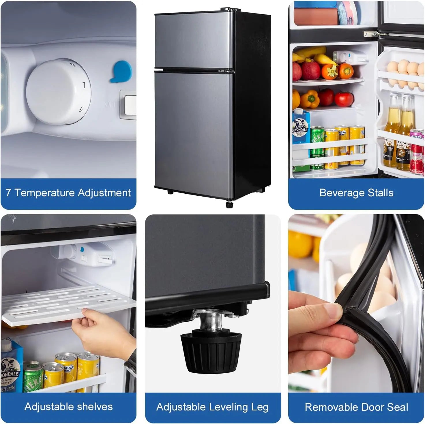Mini Fridge with Freezer 2.9 Cu.Ft Small Fridge Energy Saving Low Noise,7 Adjustable Thermostat Double Door Refrigerator