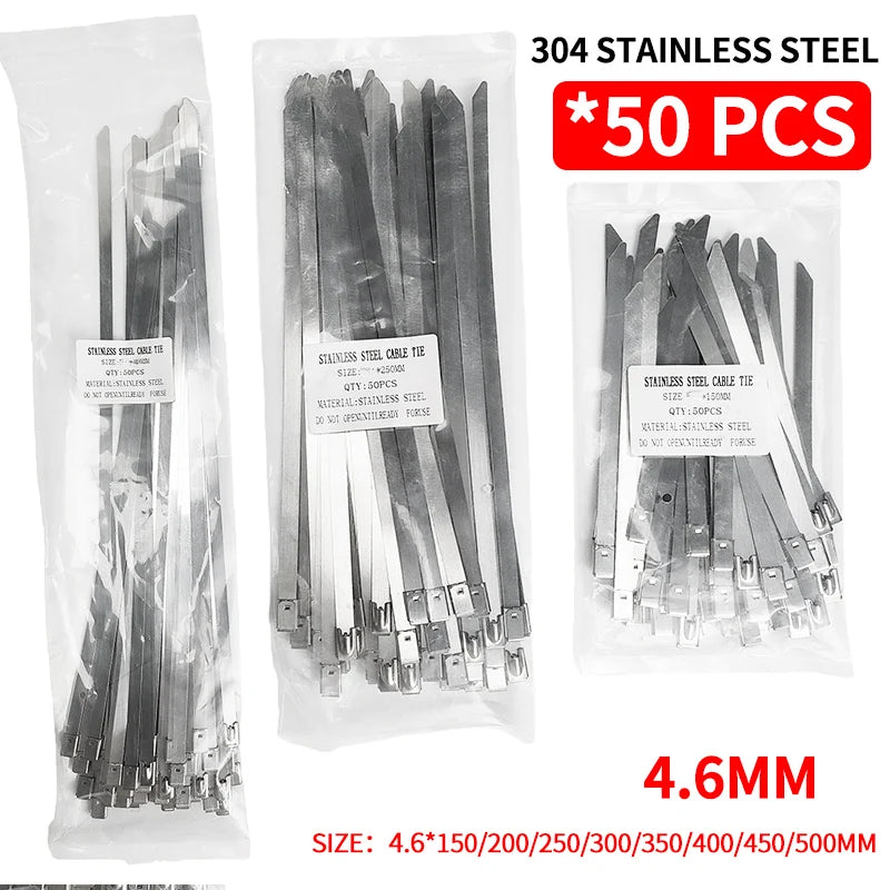 50Pcs 304 Stainless Steel Cable Ties Self-Locking Anti-Rust Metal Zip Ties for Electrical Wiring Harness Heavy Duty