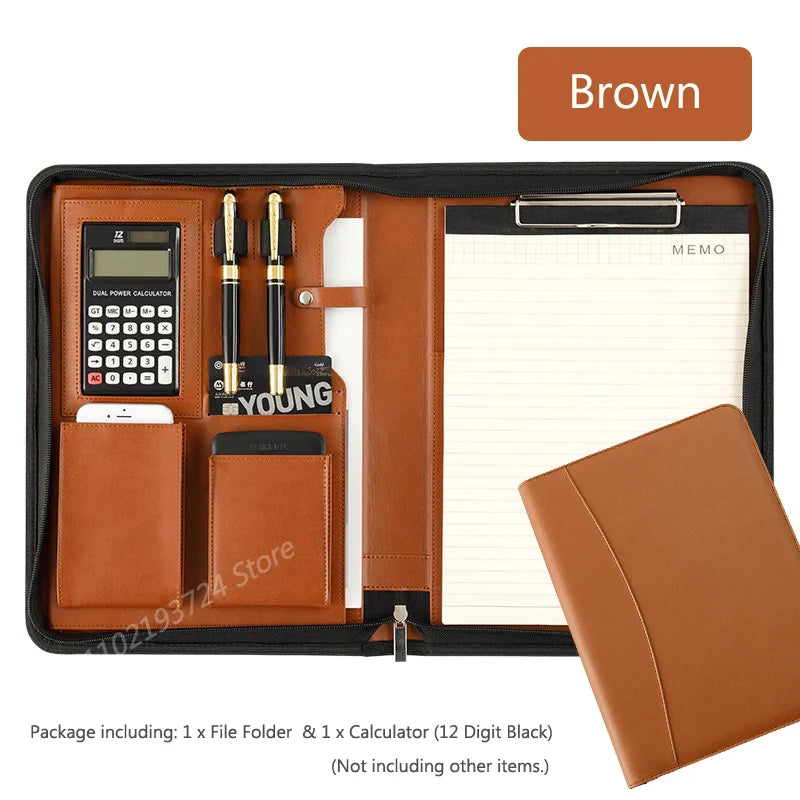 Multifunctional A4 Leather Conference Portfolio Folder for Document Organizer Zippered Man Executive Folder Briefcase