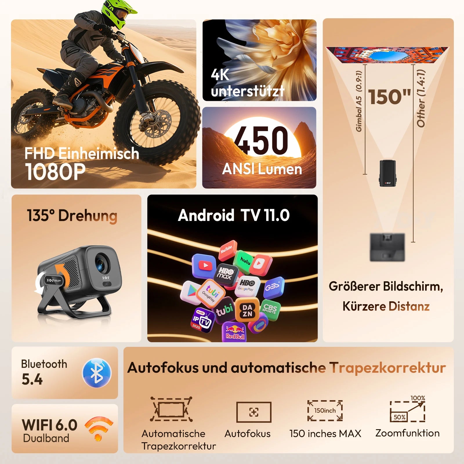 XGODY 4K Projector 450ANSI Android 11 Beamer Autofocus & Keystone 1080P 360° Rotation Wifi6 BT5.2 Portable Movie