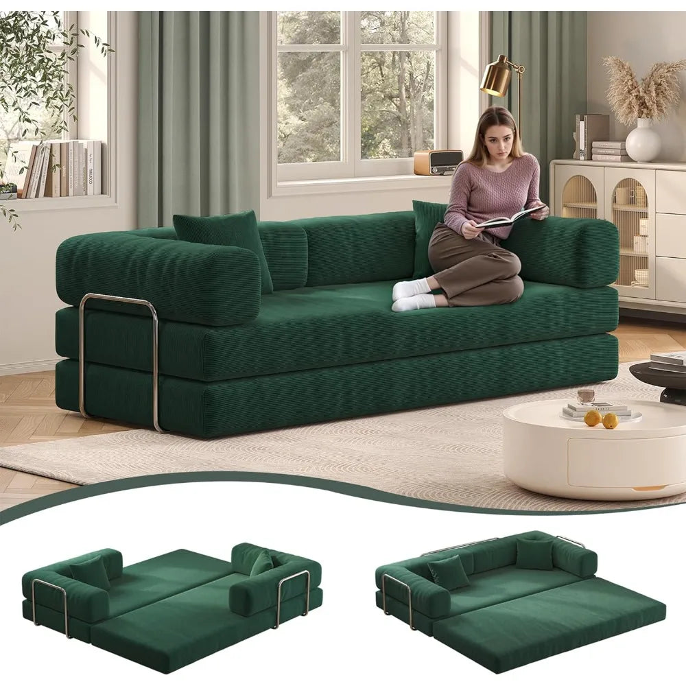 79’’ Convertible Sofa Bed with Pillows Corduroy Folding Sleeper Sofa with Fixed-Shape Frame Boneless Couch for Living