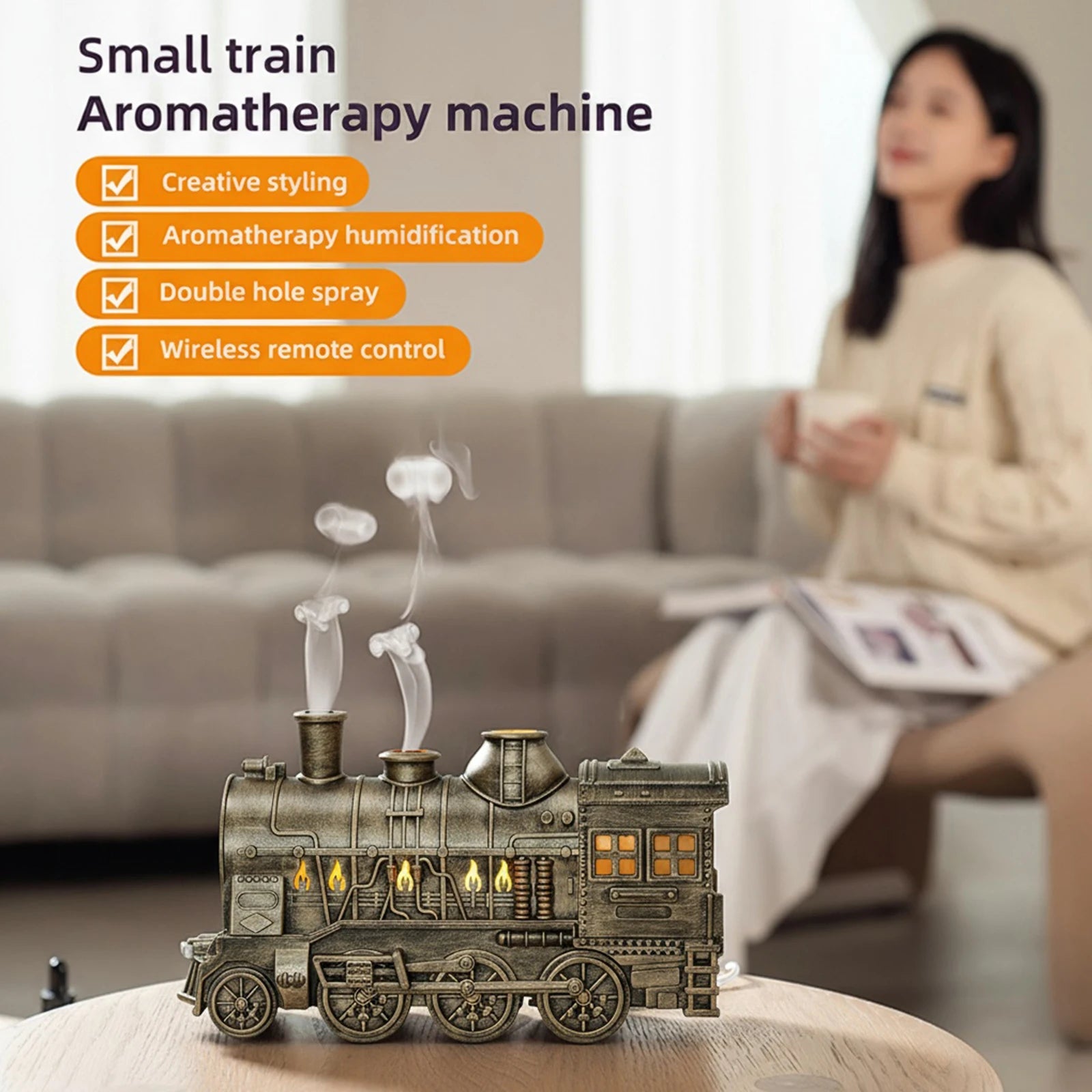 300ML Vintage Steam Train Air Diffuser Humidifier with 2-Color LED Light/2 Mist Modes Aroma Diffuser for Office Bedroom