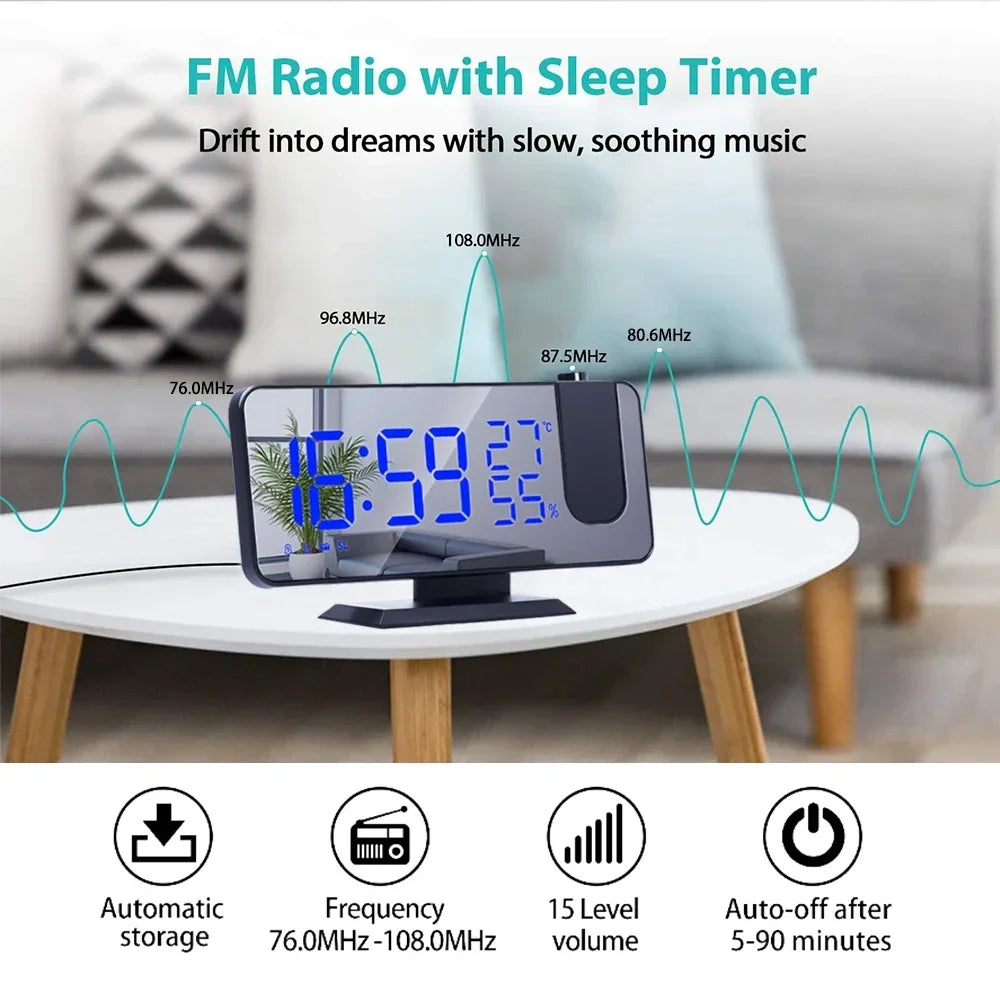LED Digital Projection Alarm Clocks USB Electronic Ceiling Projector Alarm Clock with FM Radio for Bedroom Bedside