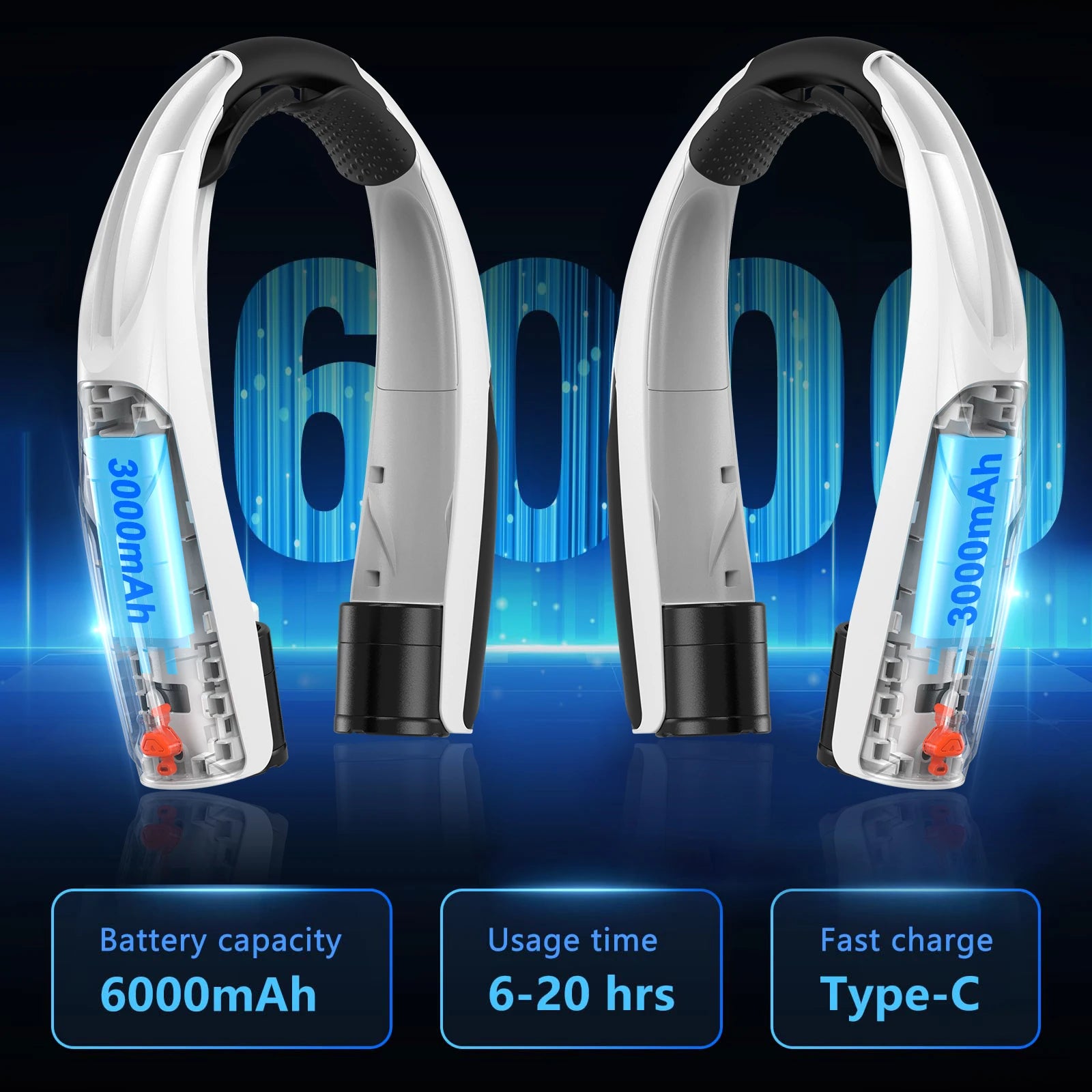 Portable neck fan six wind speeds (Max: 8000 rpm) 6000mAh battery - up to 20 hours extremely strong life