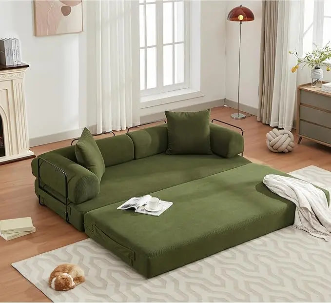 Convertible Sleeper Sofa Bed with Cylindrical Pillow Corduroy Folding Mattress Couch with Fixed-Shape Frame Floor Sofa