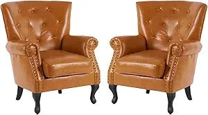 PU Leather Accent Chair Mid-Century Modern Armchair Living Room Club Chair with Tufted Button & Rivet Trim Upholstered