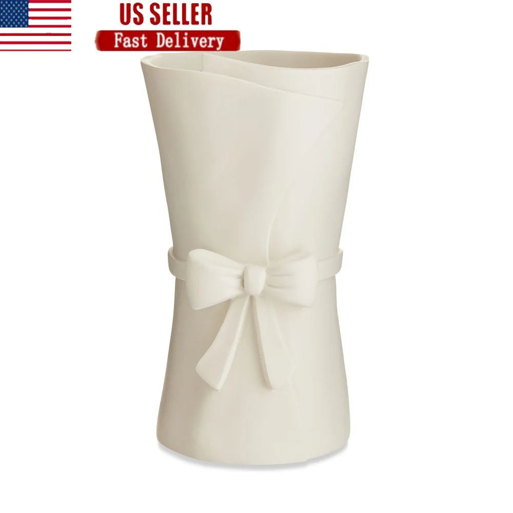 Easter Large Resin Vase with Bow Modern Farmhouse Spring Decor Elegant White Decorative Accessory Home Table