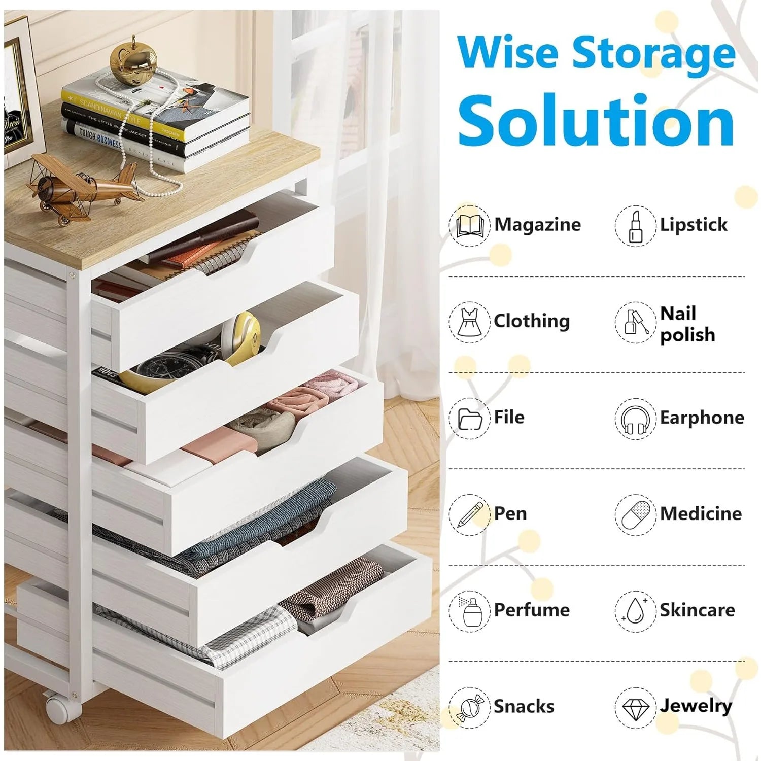 5 Drawer Chest Wood Storage Dresser Cabinet with Wheels Industrial Storage Drawer Organizer Cart for Office Bedroom