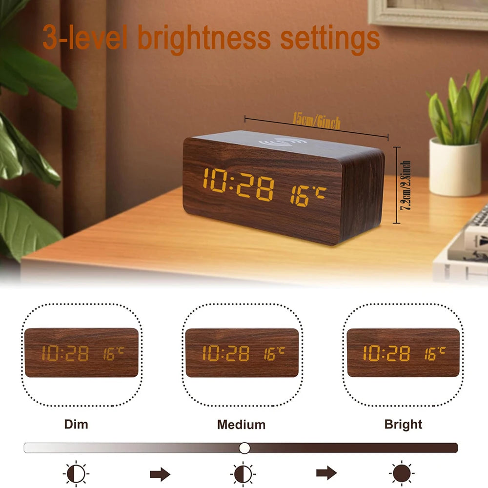Wooden Digital Alarm Clock with Wireless Charging Temperature Display LED Desk Clock for Office Bedroom Bedside Décor