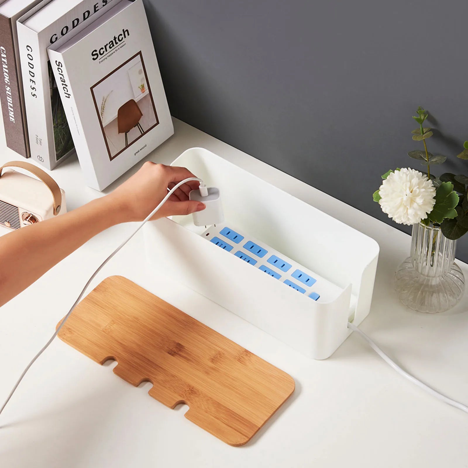 Large Cable Management Box – Wooden Style Cord Organizer and Cover for TV Wires Computer USB Hub and Under Desk Power