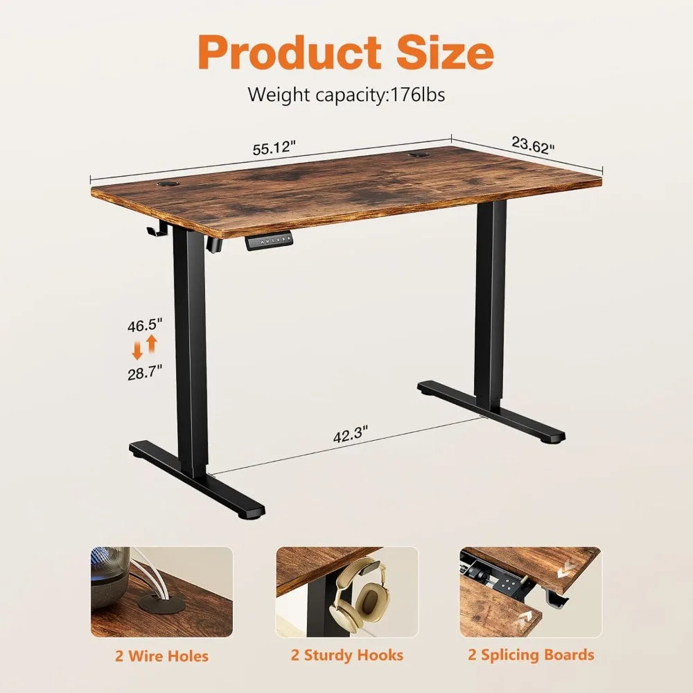 Electric Adjustable Height Standing Desk - 55 x 24 inch Sit to Stand Up Desk with Splice Board Rising Home Office