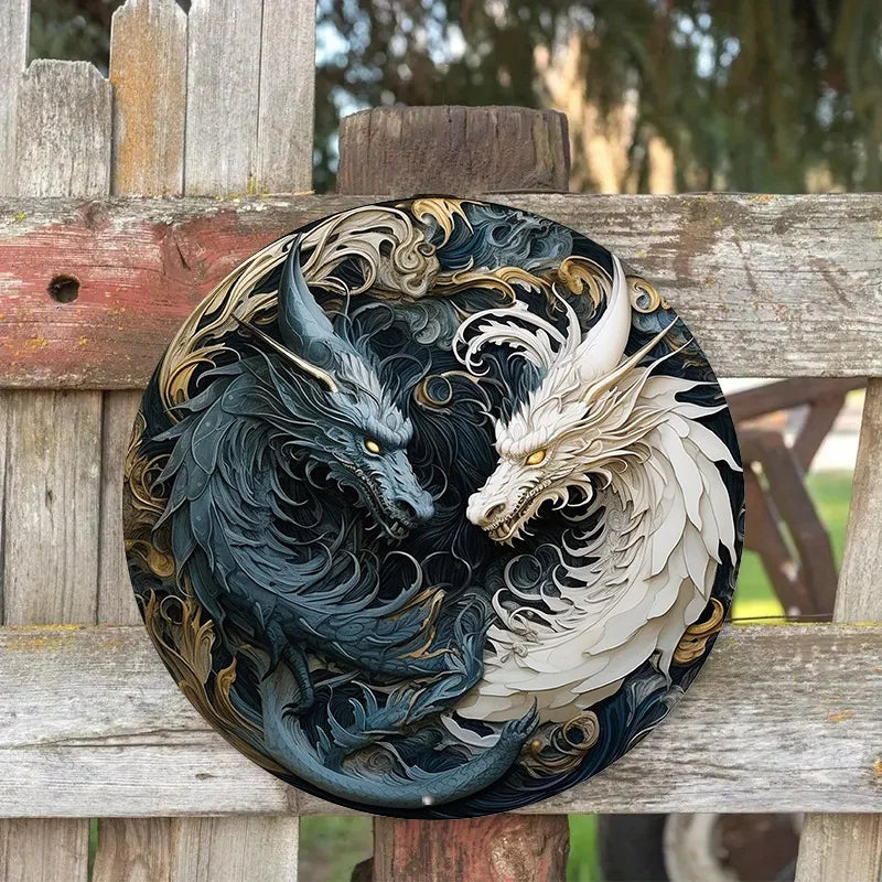 Round Metal Aluminum Mark Dragon Sculpture Style for Home Living Room Coffee Shop Office Wall Decoration Art