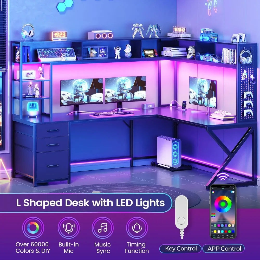 L-Shaped Gaming Desk with Storage Shelves Convertible 94.5 Computer Desk Corner Desk with Drawers and Hutch