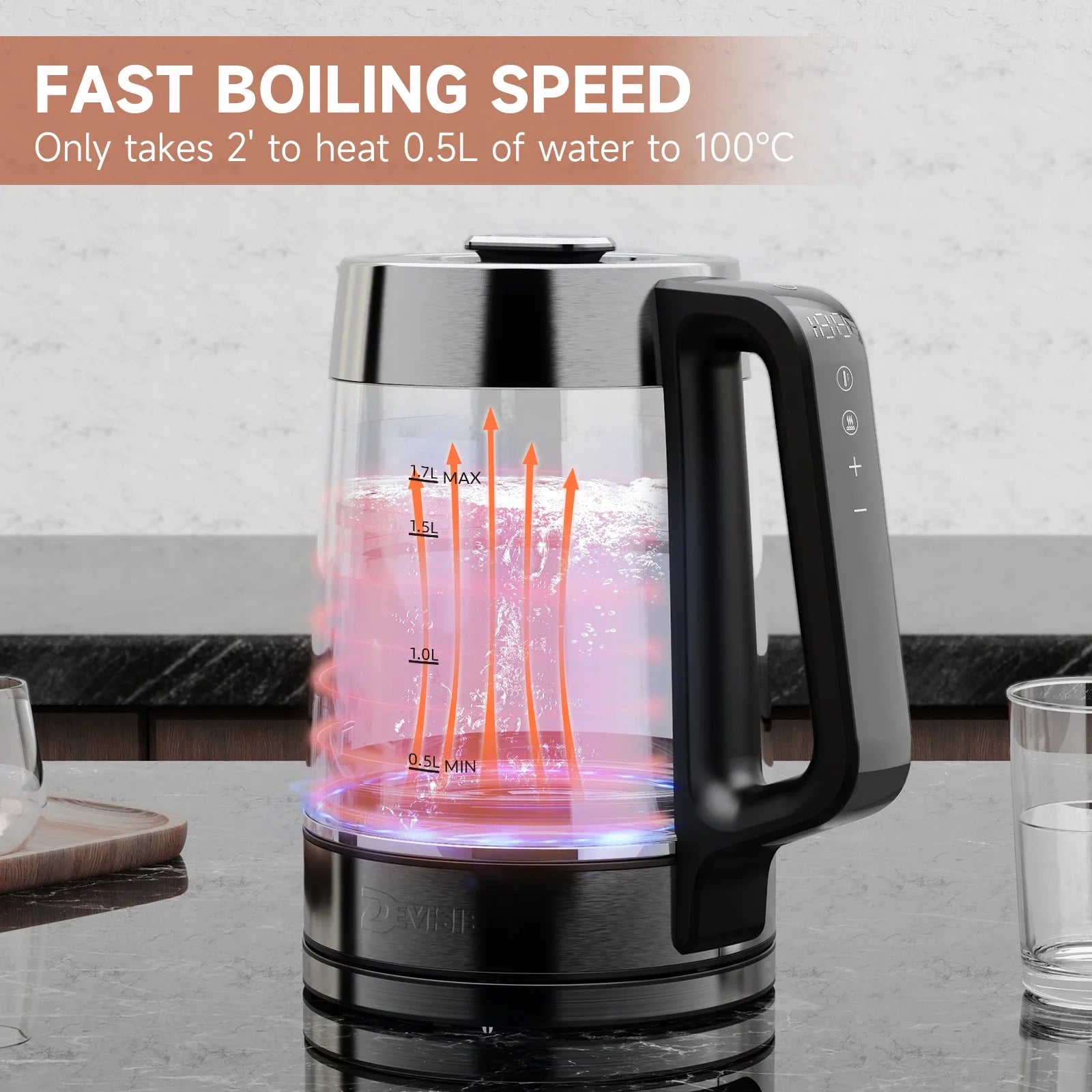 DEVISIB Dual Wall Cool Touch Electric Glass Kettle 1.7L/2200W Fast Boiling Temperature Control Real-time Display Auto