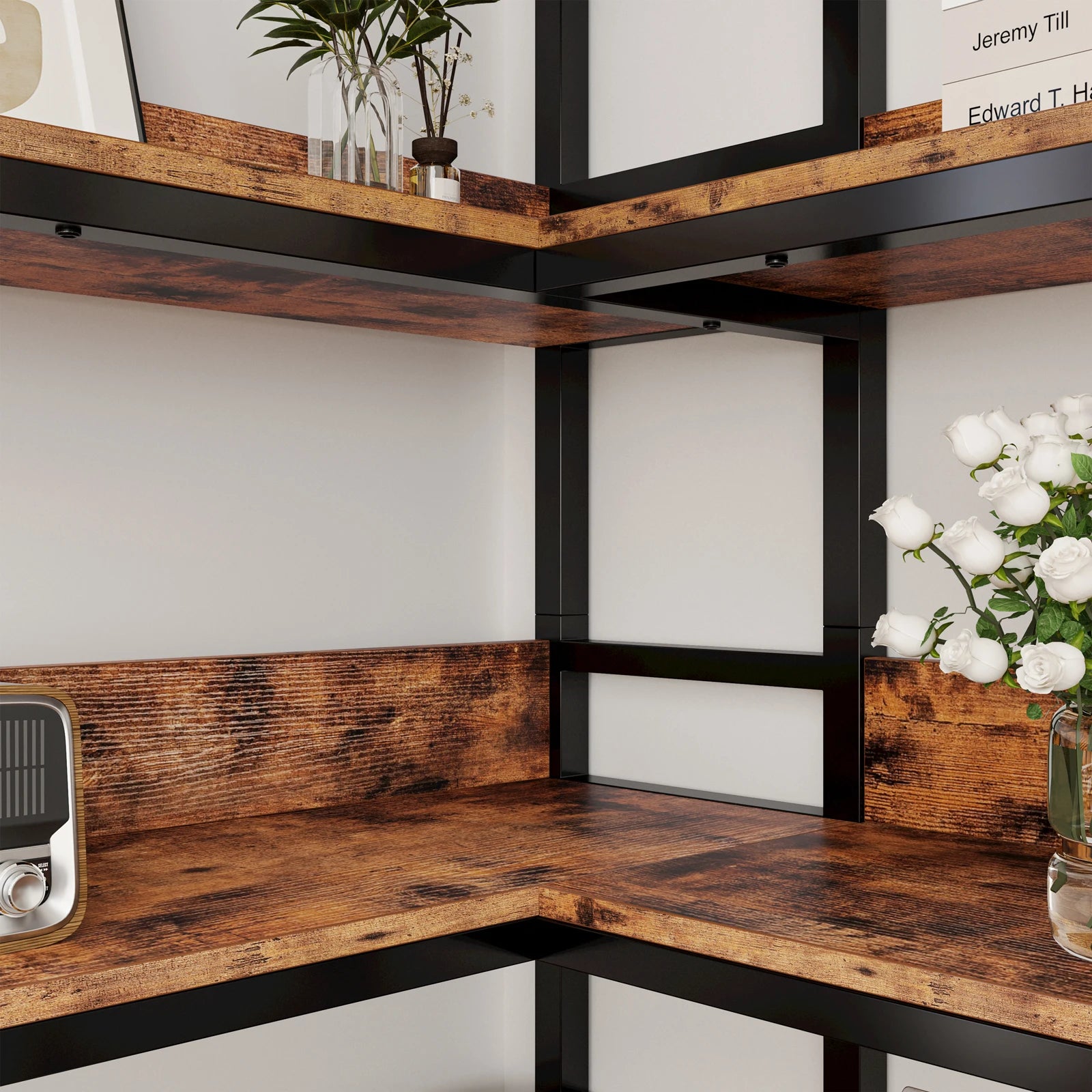 IRONCK Industrial Bookshelves 6 Tiers Corner Bookcases with Baffles Etagere Shelf Storage Rack with Metal Frame